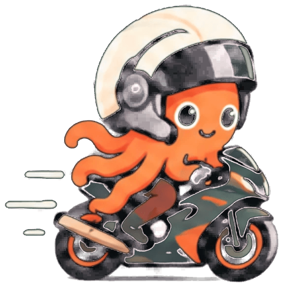 Squid mascot: an orange octopus in a helmet riding a sport bike