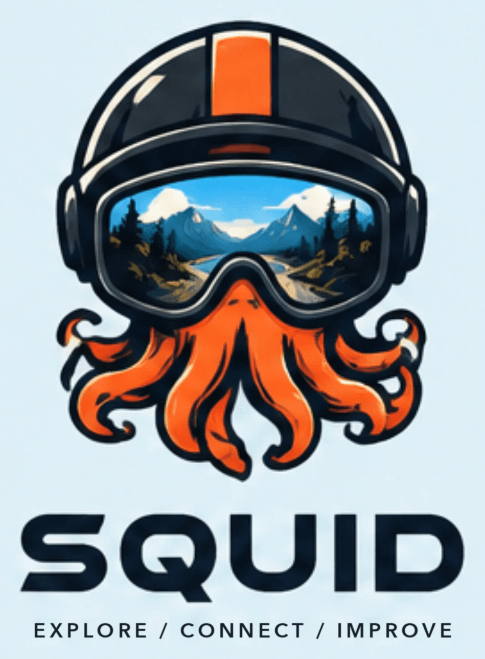 Squid poster: an octopus in a motorcycle helmet with mountain roads reflected in its goggles. Explore / Connect / Improve.